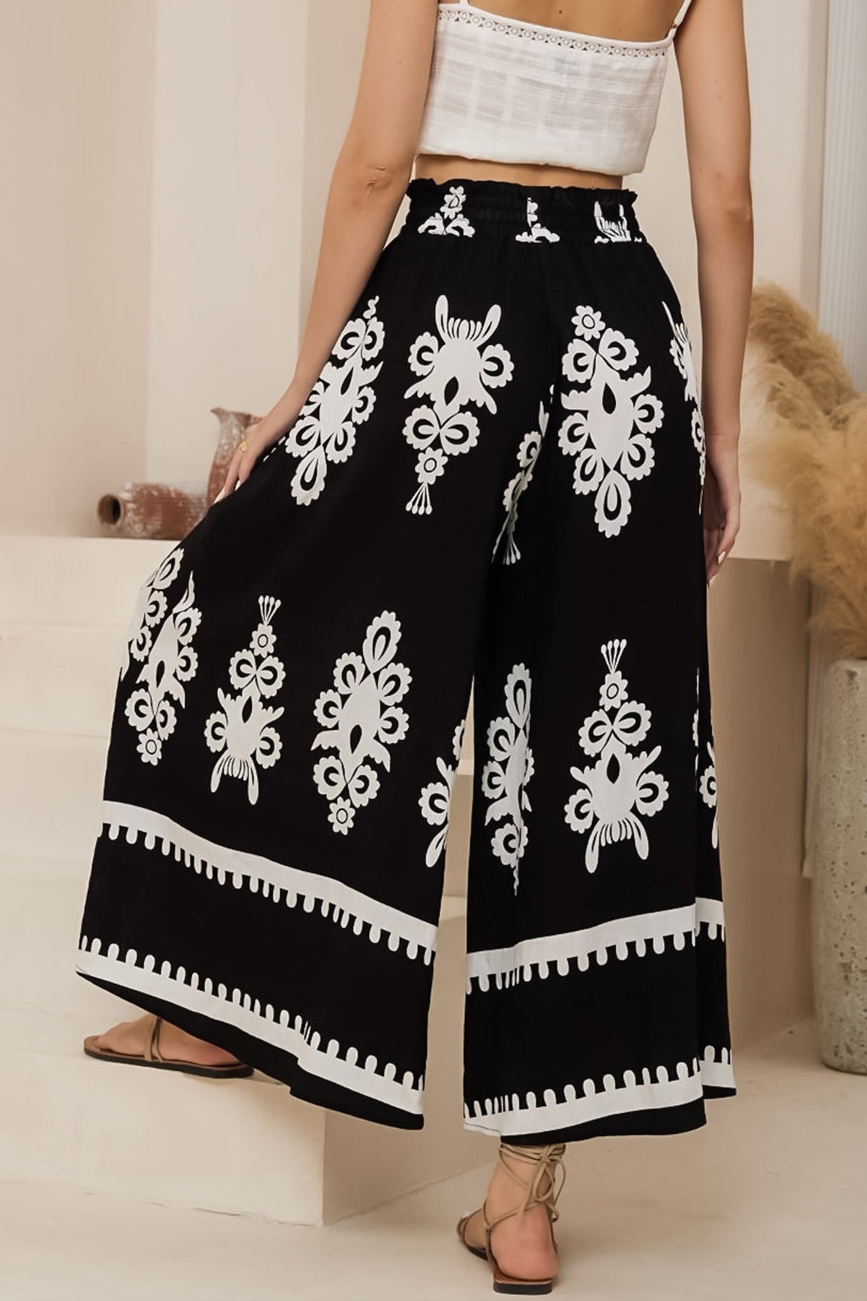 Mezza Pants - Paper Bag High Waisted Wide Leg Pants in Maceo Print Black