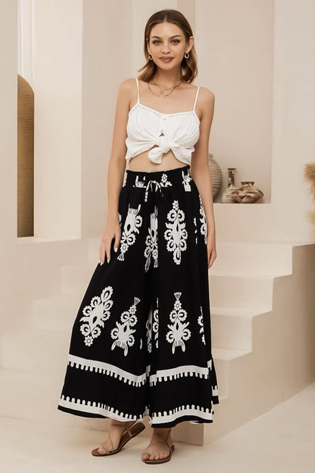 Mezza Pants - Paper Bag High Waisted Wide Leg Pants in Maceo Print Black