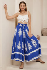 Mezza Pants - Paper Bag High Waisted Wide Leg Pants in Maceo Print Blue