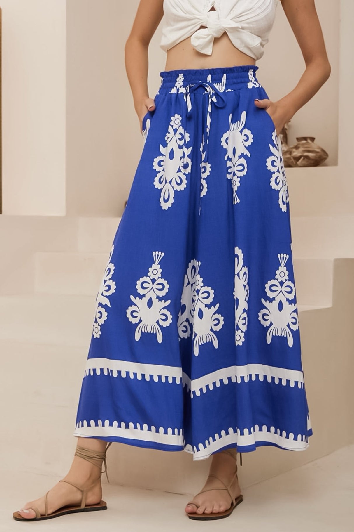 Mezza Pants - Paper Bag High Waisted Wide Leg Pants in Maceo Print Blue