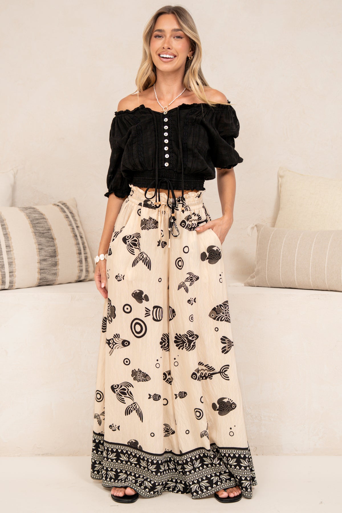 Charli Pants - Paper Bag High Waisted Wide Leg Pants in Maren Print