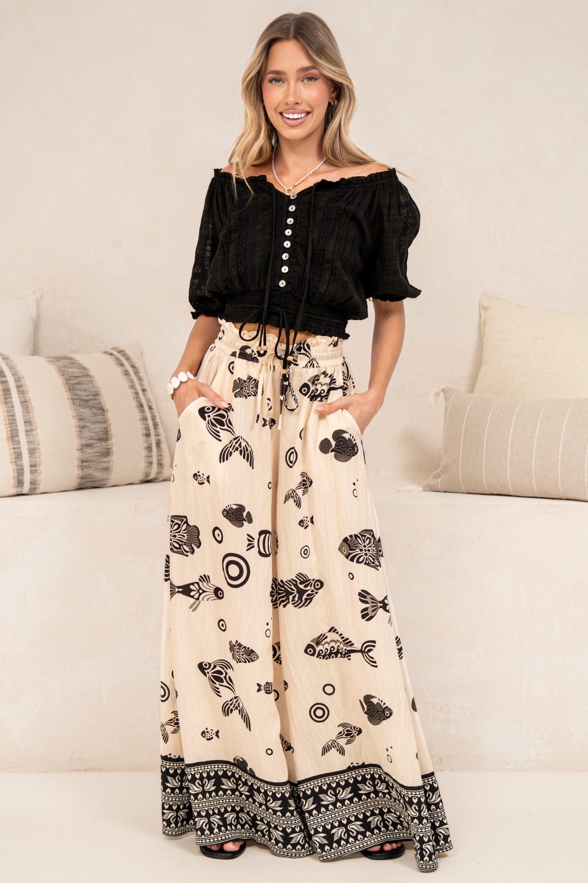 Charli Pants - Paper Bag High Waisted Wide Leg Pants in Maren Print