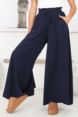 Charli Pants - Paper Bag High Waisted Wide Leg Pants in Navy