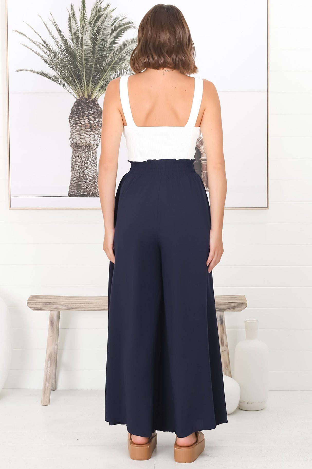 Charli Pants - Paper Bag High Waisted Wide Leg Pants in Navy