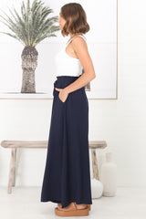 Charli Pants - Paper Bag High Waisted Wide Leg Pants in Navy