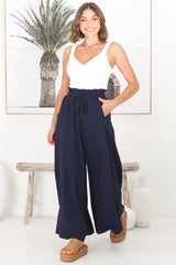 Charli Pants - Paper Bag High Waisted Wide Leg Pants in Navy