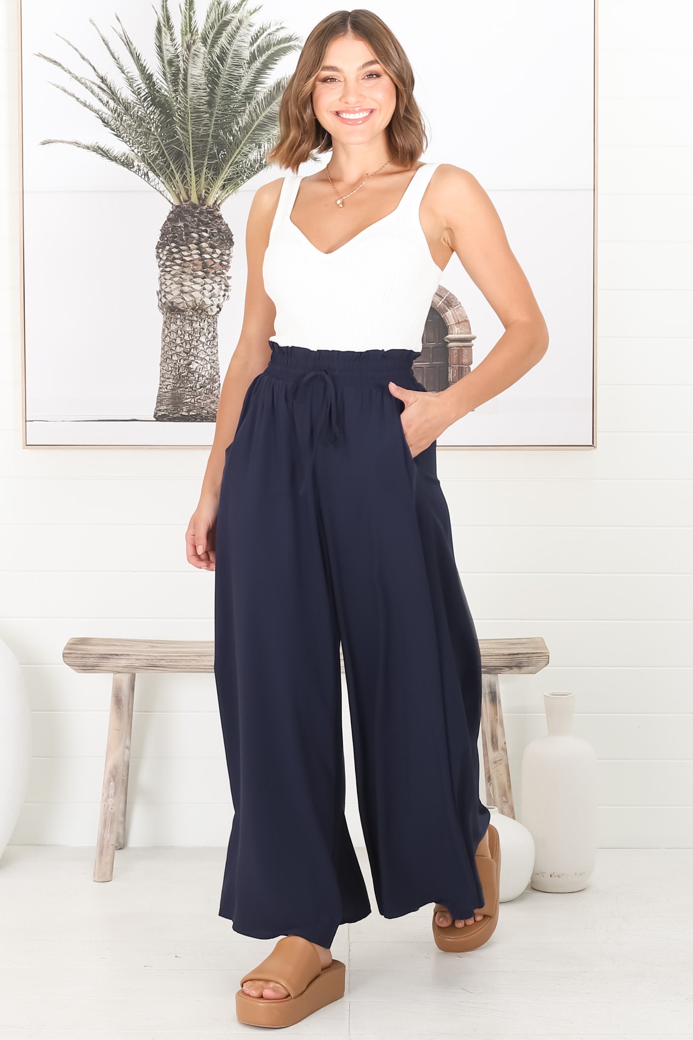 Charli Pants - Paper Bag High Waisted Wide Leg Pants in Navy