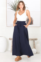 Charli Pants - Paper Bag High Waisted Wide Leg Pants in Navy