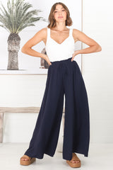 Charli Pants - Paper Bag High Waisted Wide Leg Pants in Navy