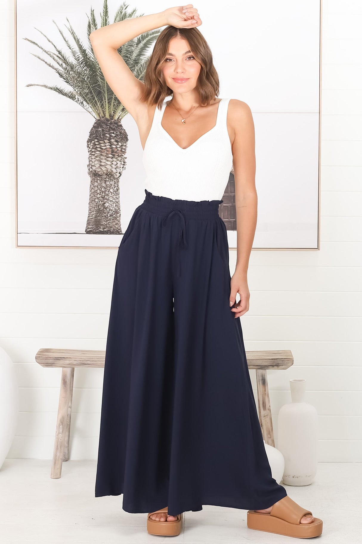 Charli Pants - Paper Bag High Waisted Wide Leg Pants in Navy