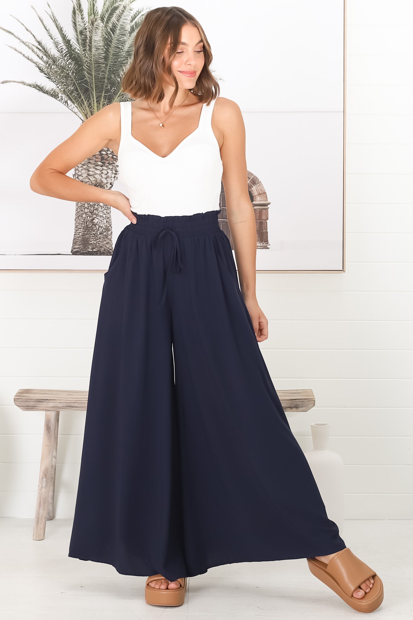 Charli Pants - Paper Bag High Waisted Wide Leg Pants in Navy