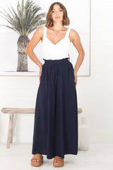 Charli Pants - Paper Bag High Waisted Wide Leg Pants in Navy