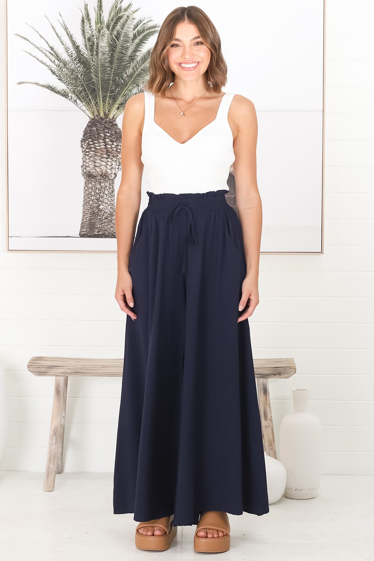 Charli Pants - Paper Bag High Waisted Wide Leg Pants in Navy