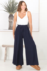 Charli Pants - Paper Bag High Waisted Wide Leg Pants in Navy