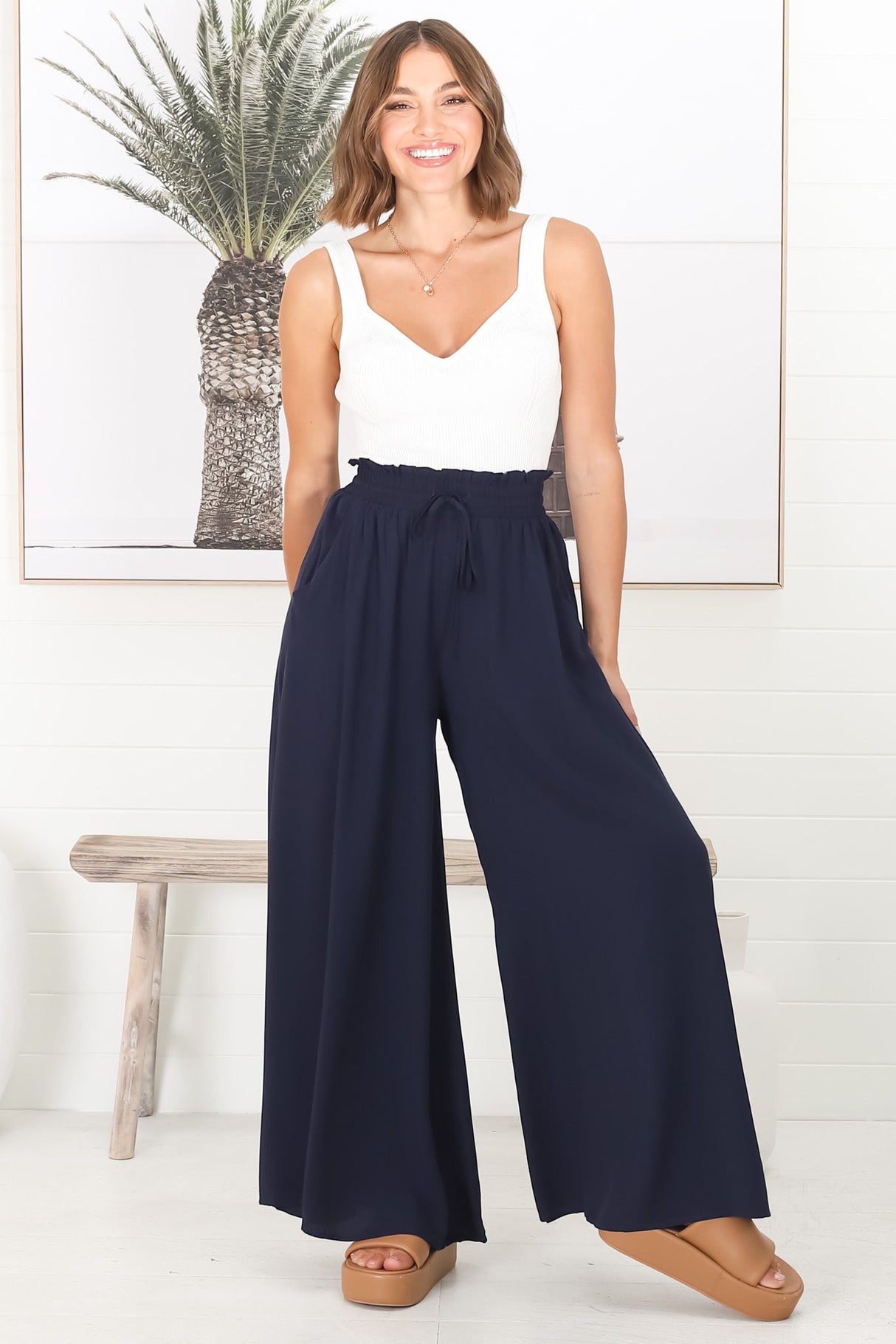 Charli Pants - Paper Bag High Waisted Wide Leg Pants in Navy