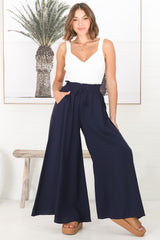 Charli Pants - Paper Bag High Waisted Wide Leg Pants in Navy