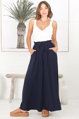 Charli Pants - Paper Bag High Waisted Wide Leg Pants in Navy