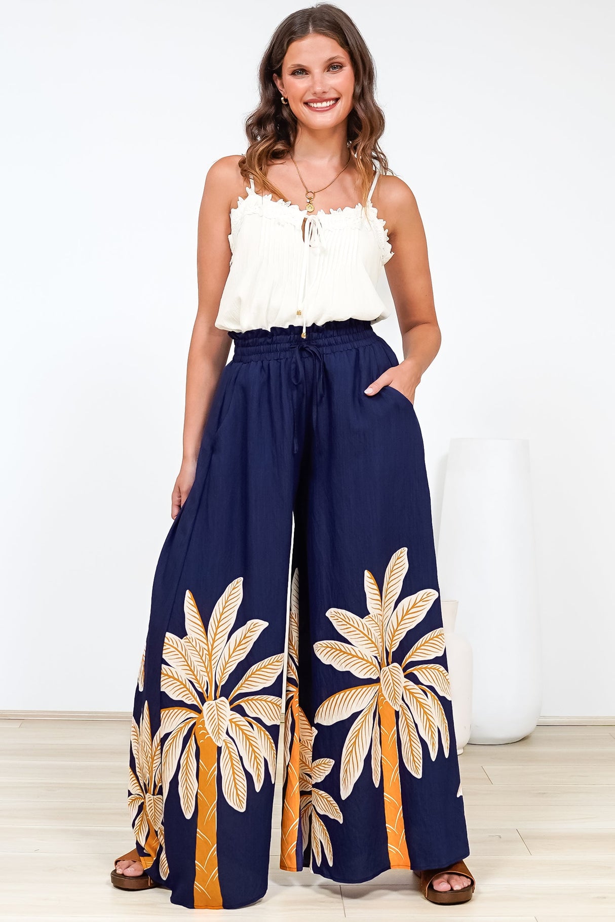 Charli Pants -  Paper Bag High Waisted Wide Leg Pants in Raphael Print
