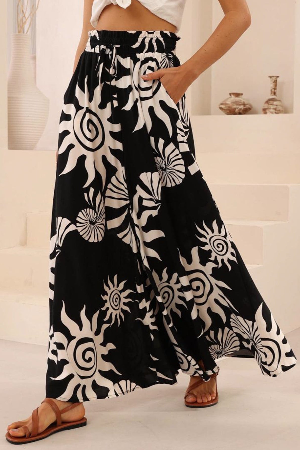 Charli Pants -  Paper Bag High Waisted Wide Leg Pants in Raylee Print