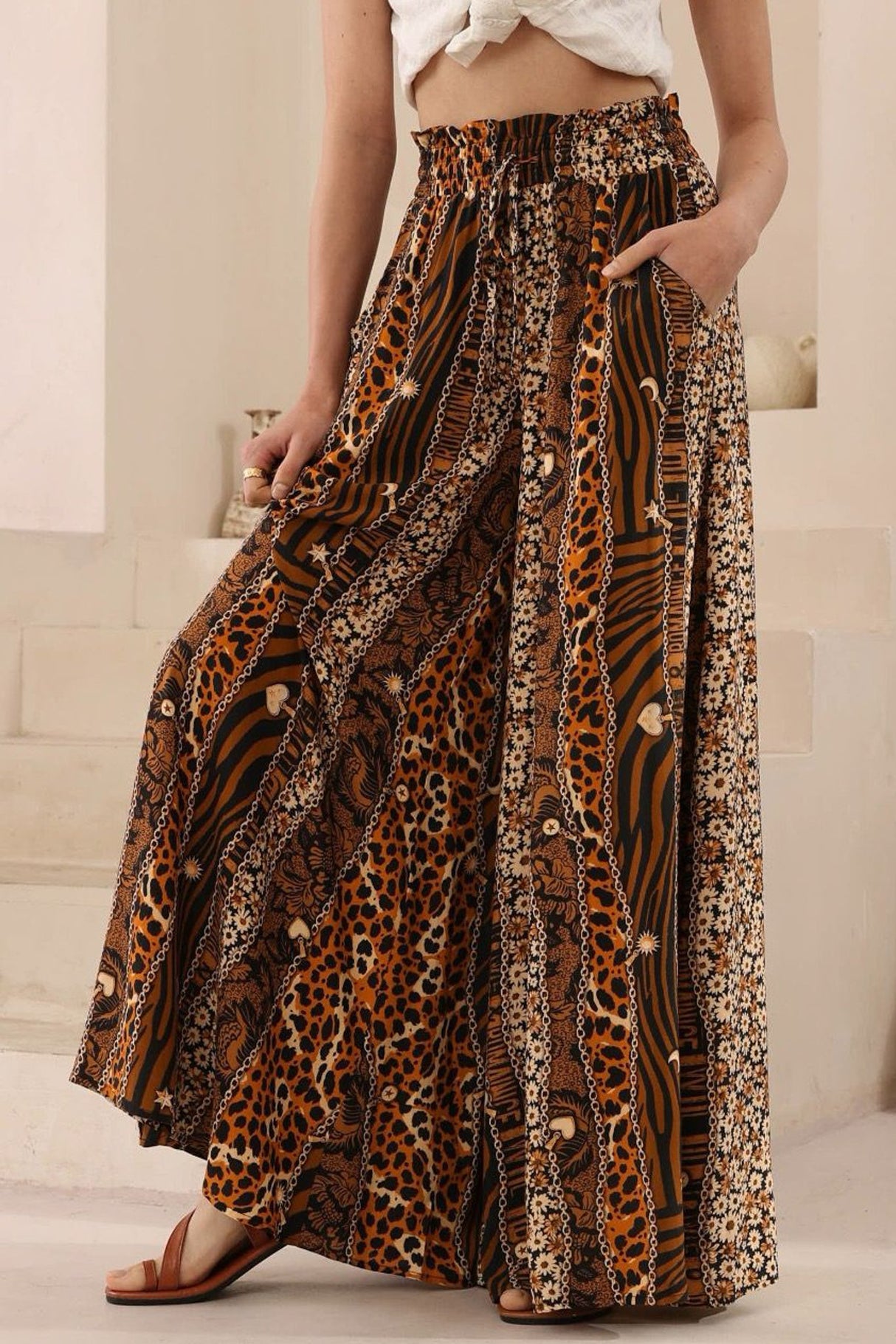 Charli Pants - Paper Bag High Waisted Wide Leg Pants in Riley Print