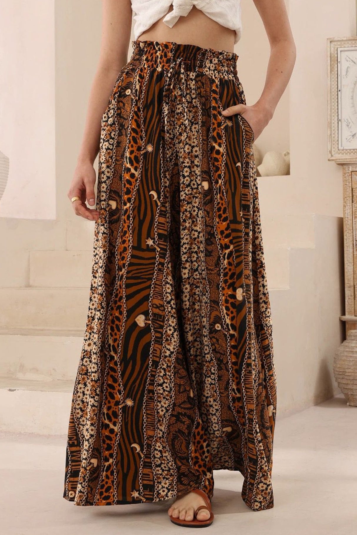 Charli Pants - Paper Bag High Waisted Wide Leg Pants in Riley Print