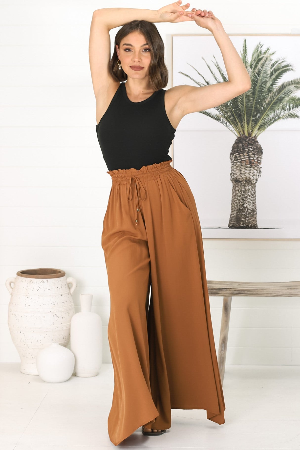 Charli Pants - Paper Bag High Waisted Wide Leg Pants in Rust