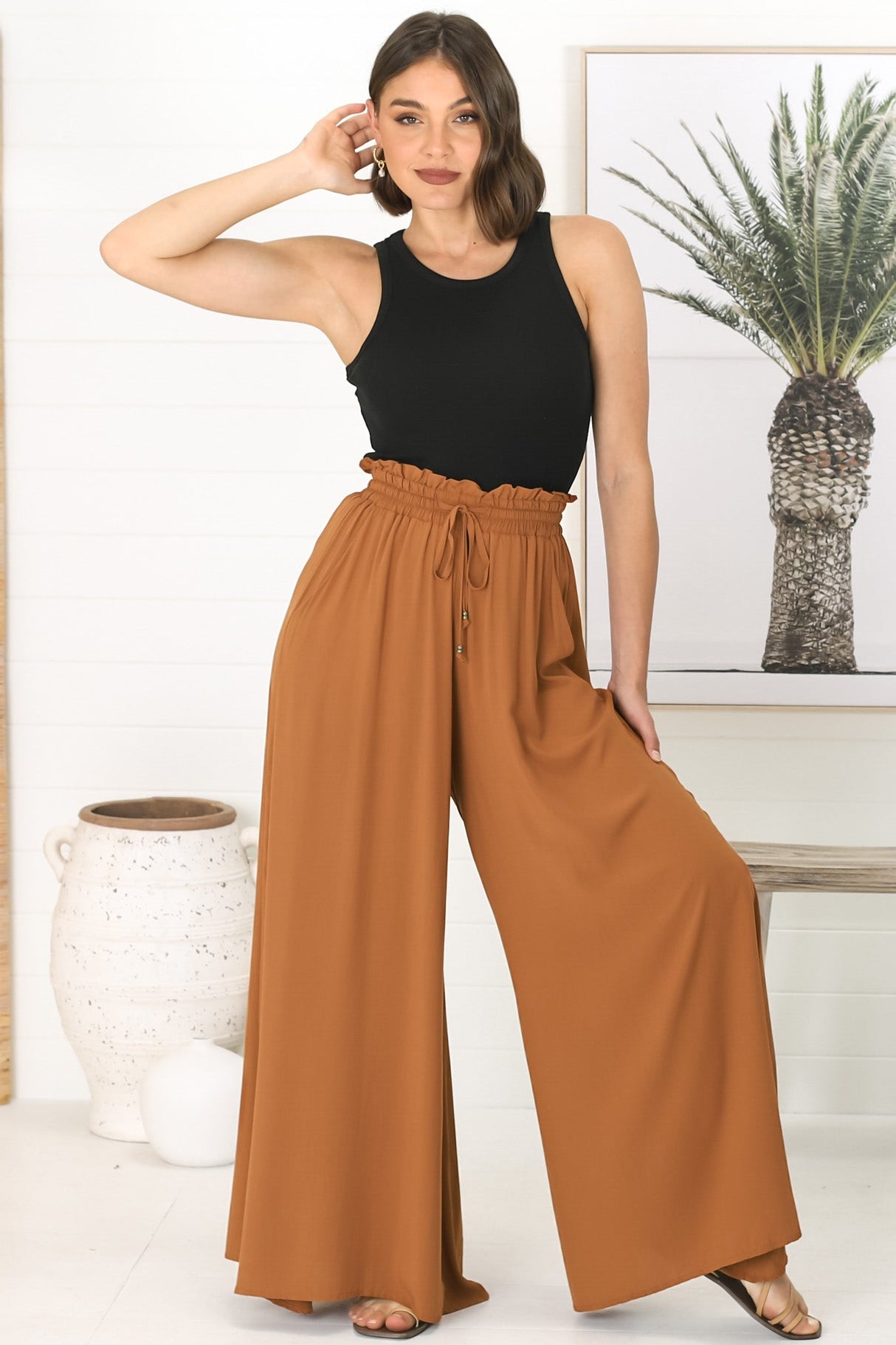 Charli Pants - Paper Bag High Waisted Wide Leg Pants in Rust