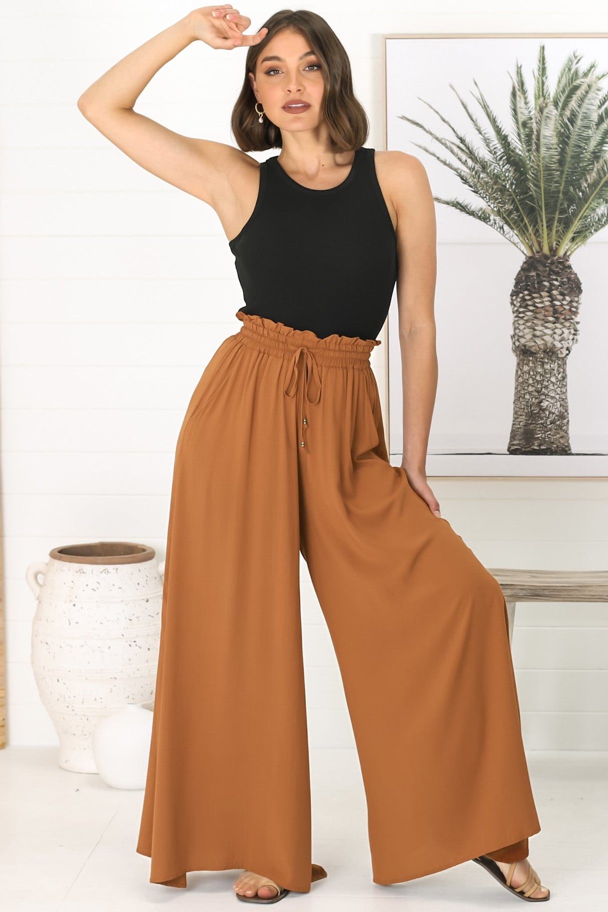 Charli Pants - Paper Bag High Waisted Wide Leg Pants in Rust