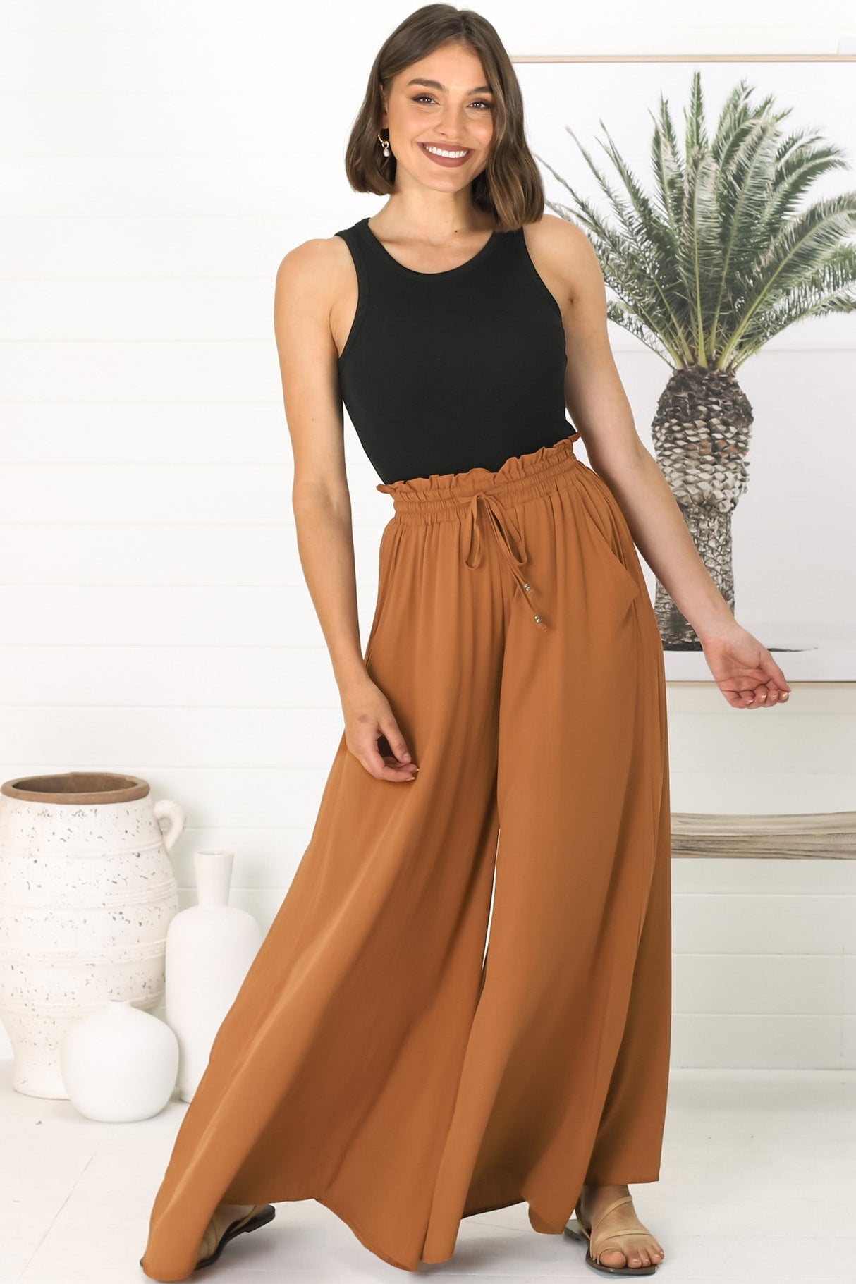 Charli Pants - Paper Bag High Waisted Wide Leg Pants in Rust