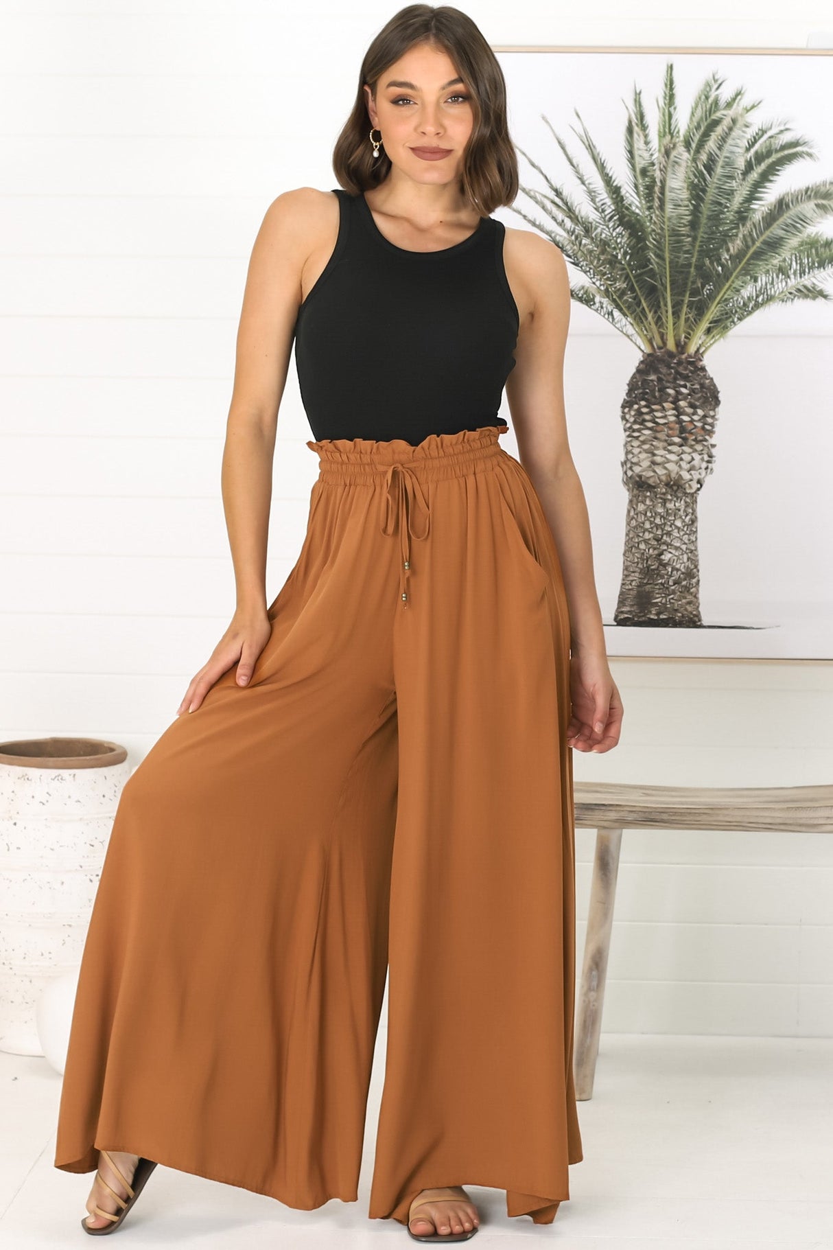 Charli Pants - Paper Bag High Waisted Wide Leg Pants in Rust