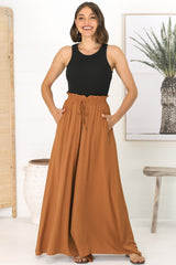 Charli Pants - Paper Bag High Waisted Wide Leg Pants in Rust