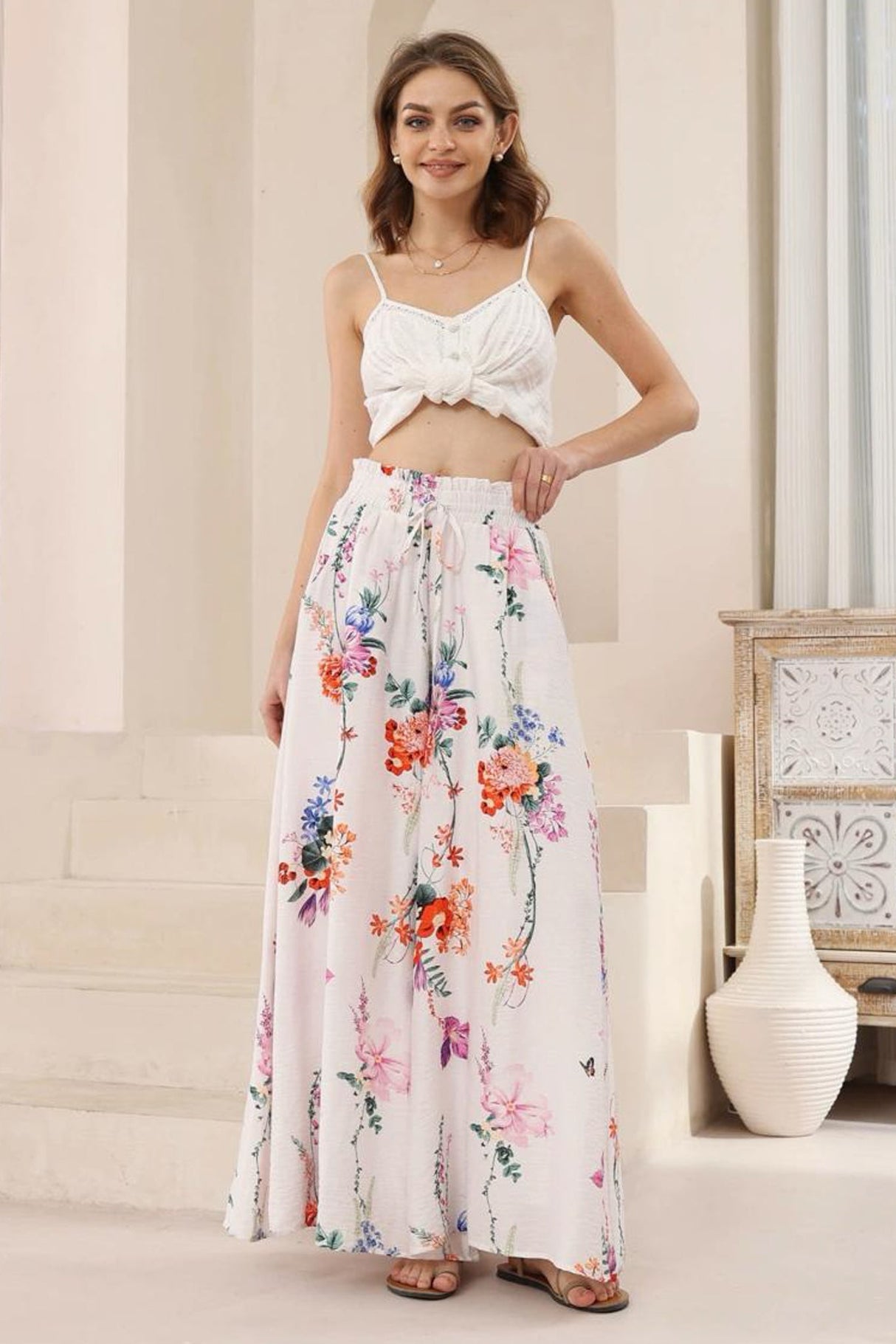 Charli Pants -  Paper Bag High Waisted Wide Leg Pants in Savannah Print