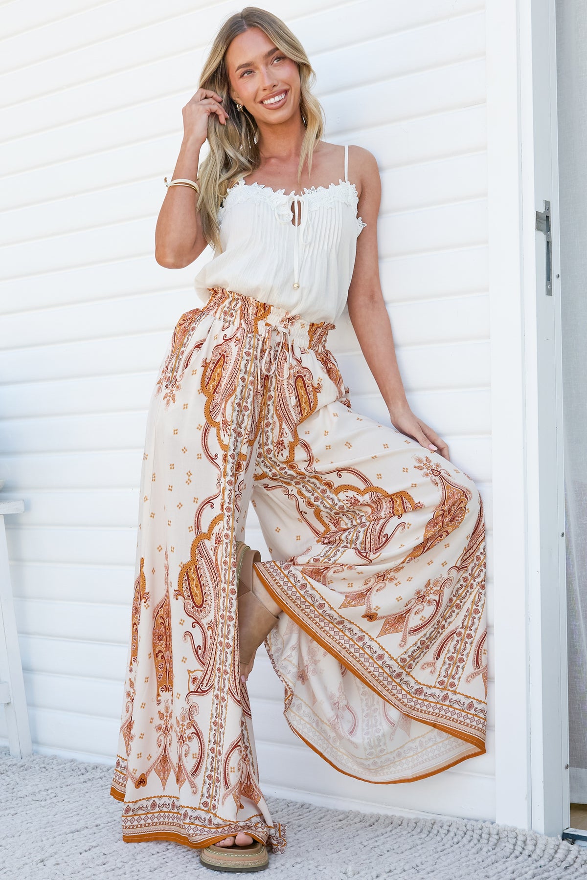 Charli Pants - Paper Bag High Waisted Wide Leg Pants in Sedona Print