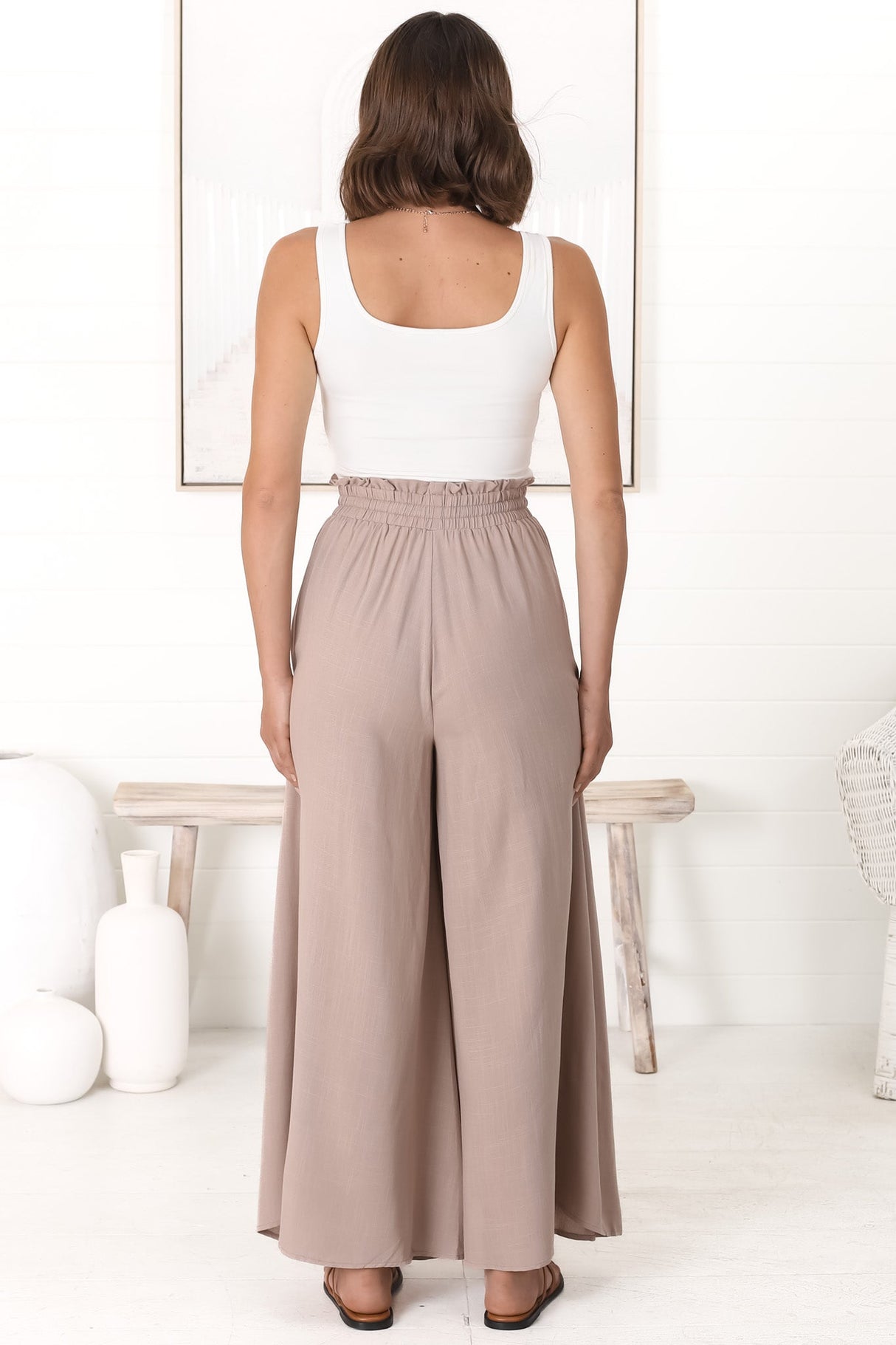 Charli Pants - Paper Bag High Waisted Wide Leg Pants in Stone