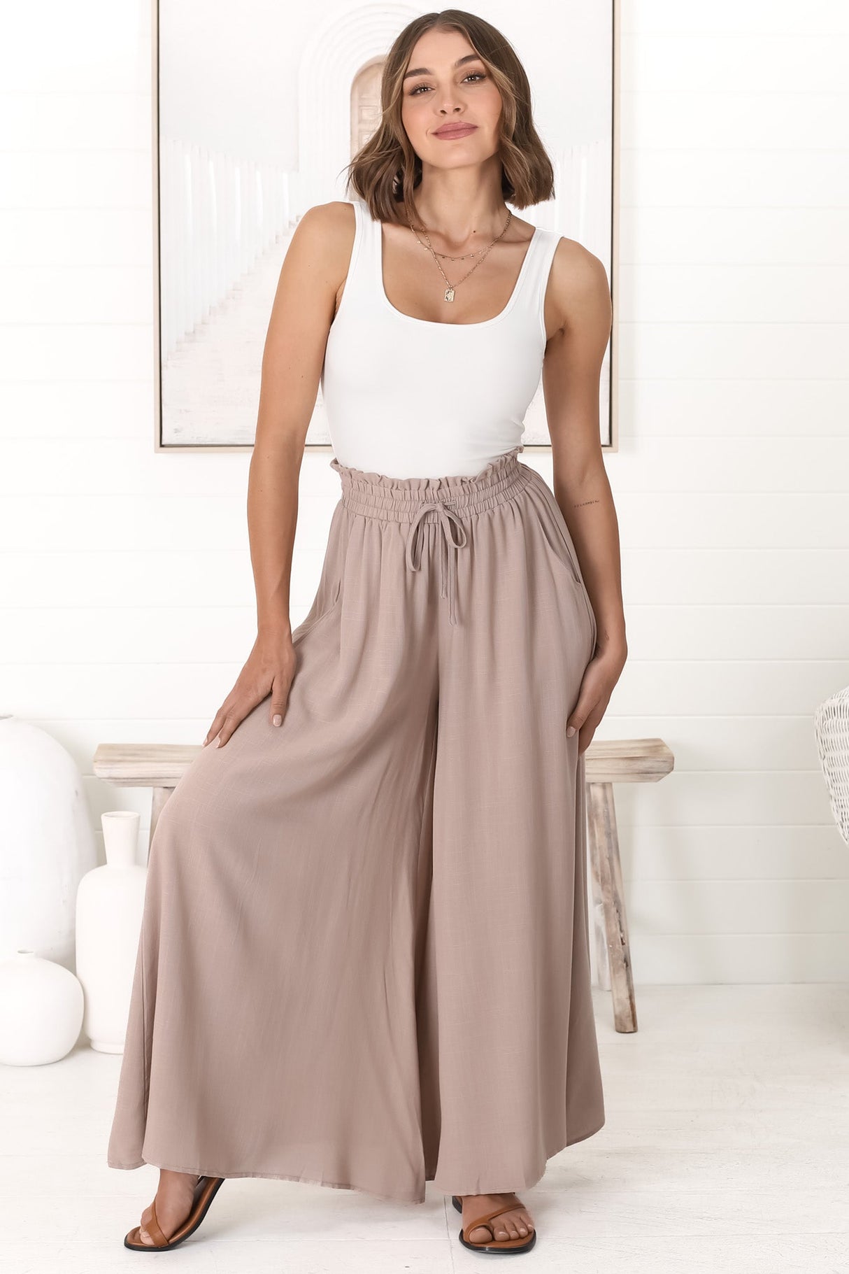 Charli Pants - Paper Bag High Waisted Wide Leg Pants in Stone