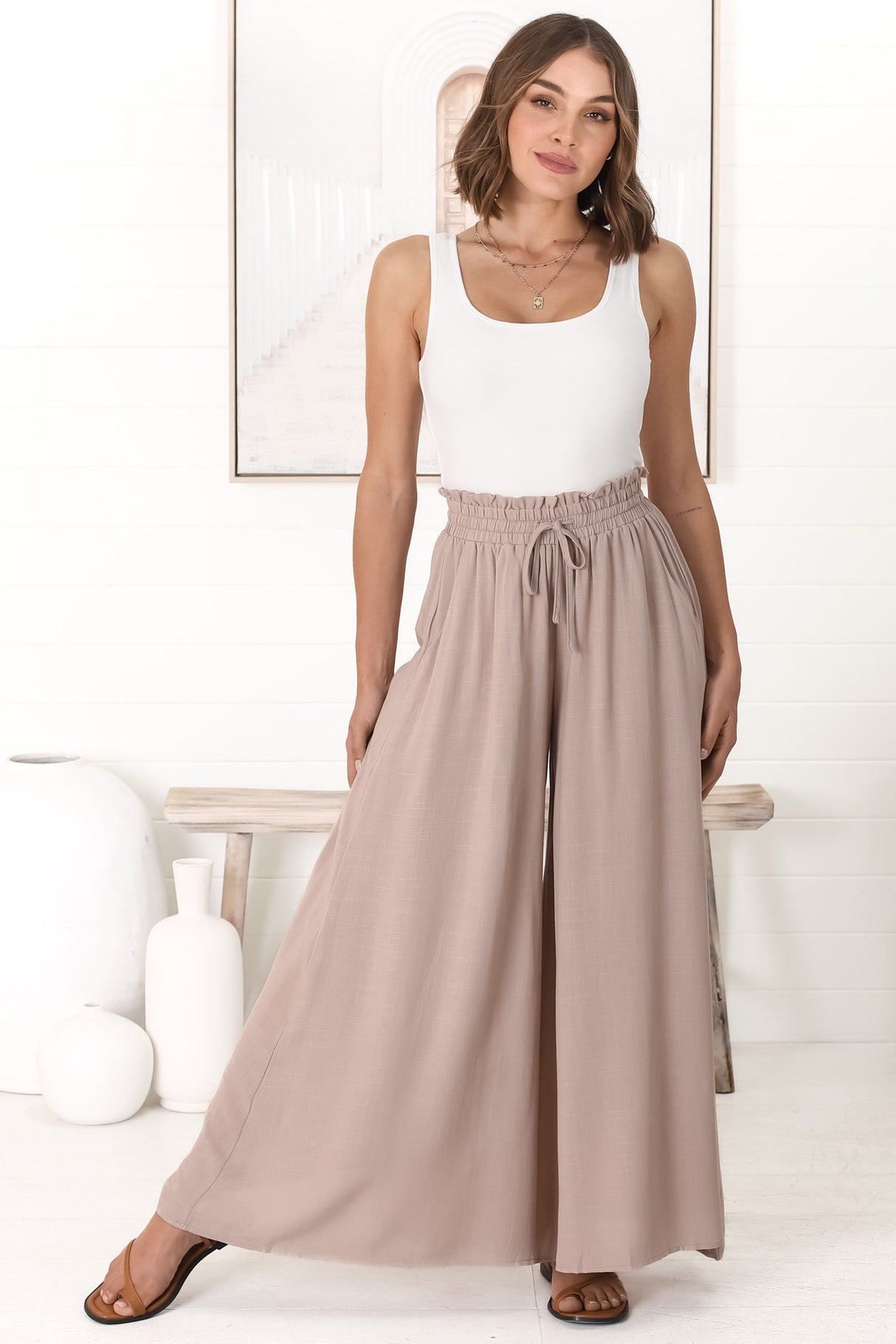 Charli Pants - Paper Bag High Waisted Wide Leg Pants in Stone