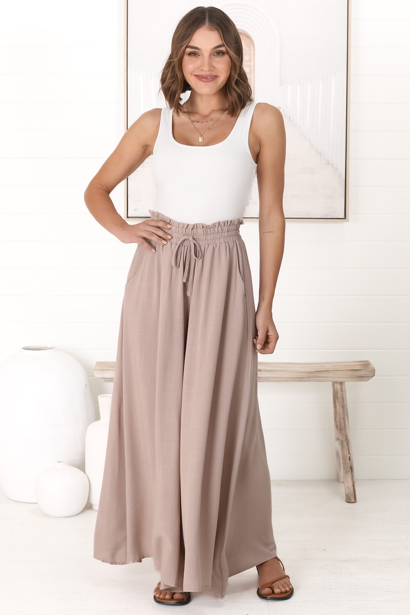 Charli Pants - Paper Bag High Waisted Wide Leg Pants in Stone
