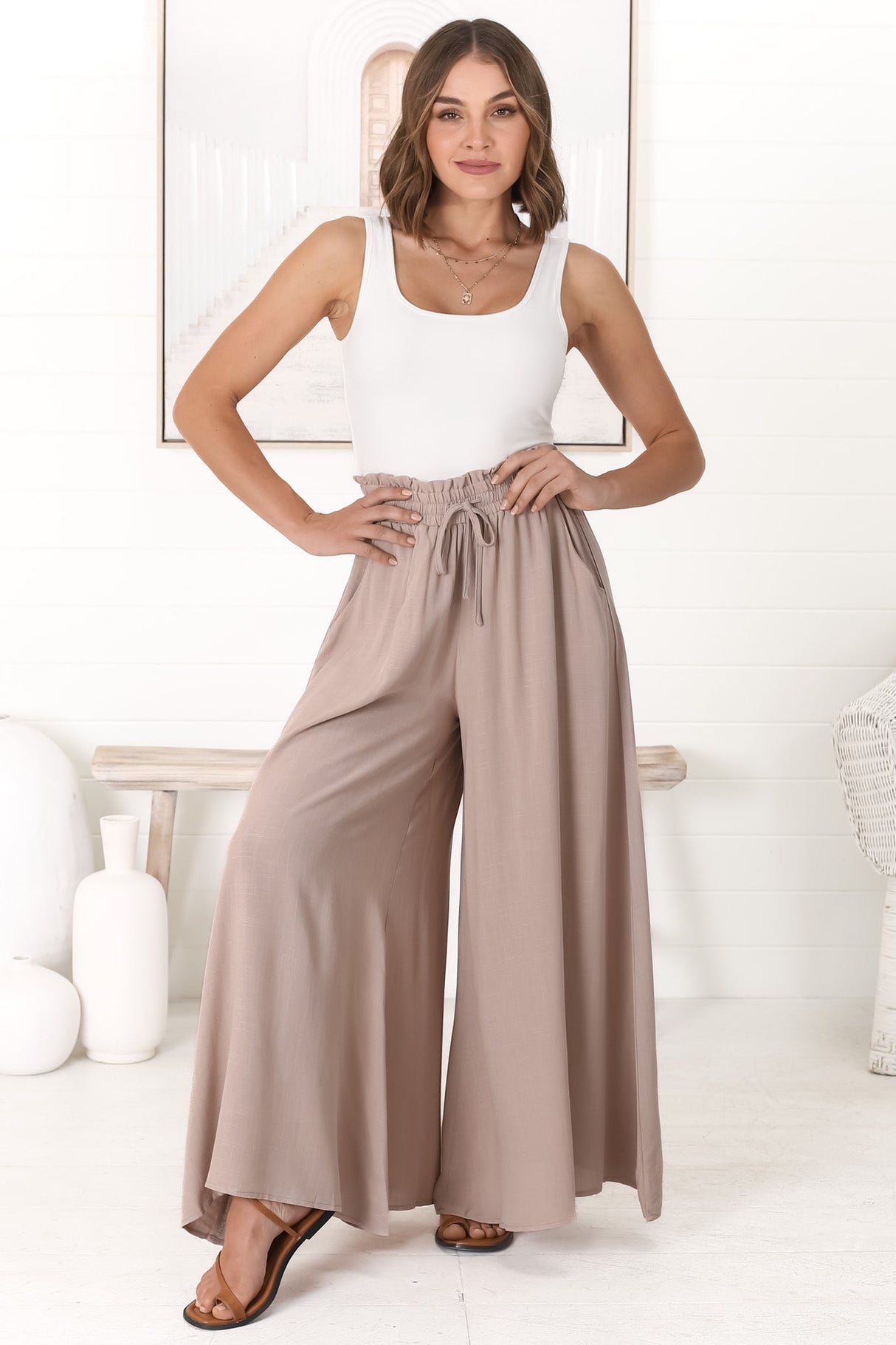 Charli Pants - Paper Bag High Waisted Wide Leg Pants in Stone