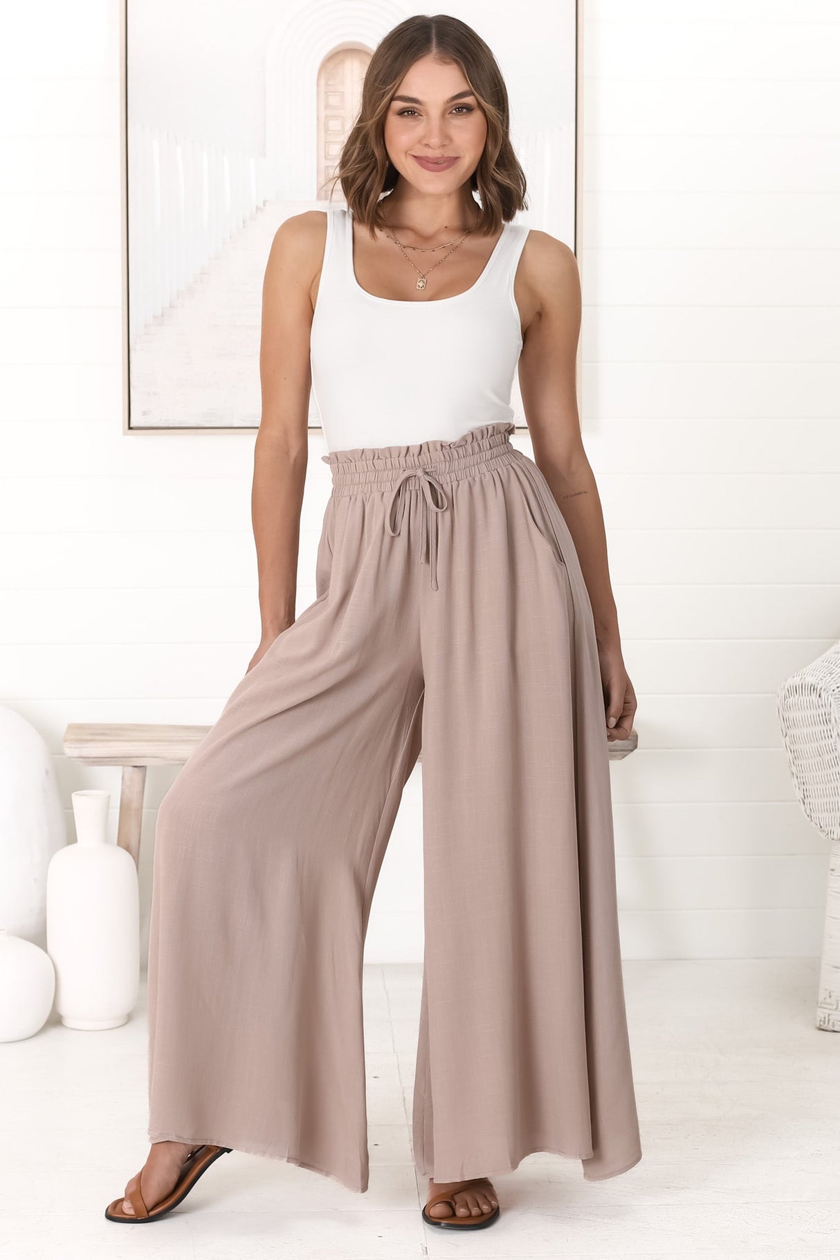 Charli Pants - Paper Bag High Waisted Wide Leg Pants in Stone