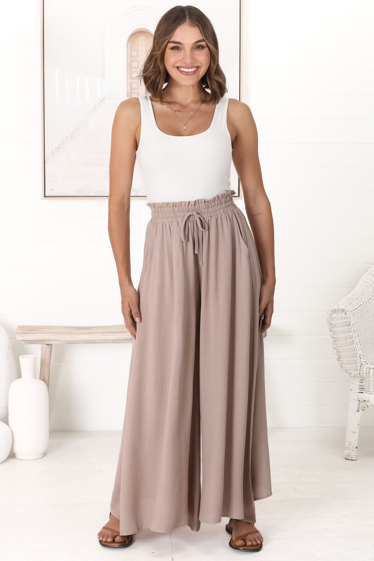 Charli Pants - Paper Bag High Waisted Wide Leg Pants in Stone