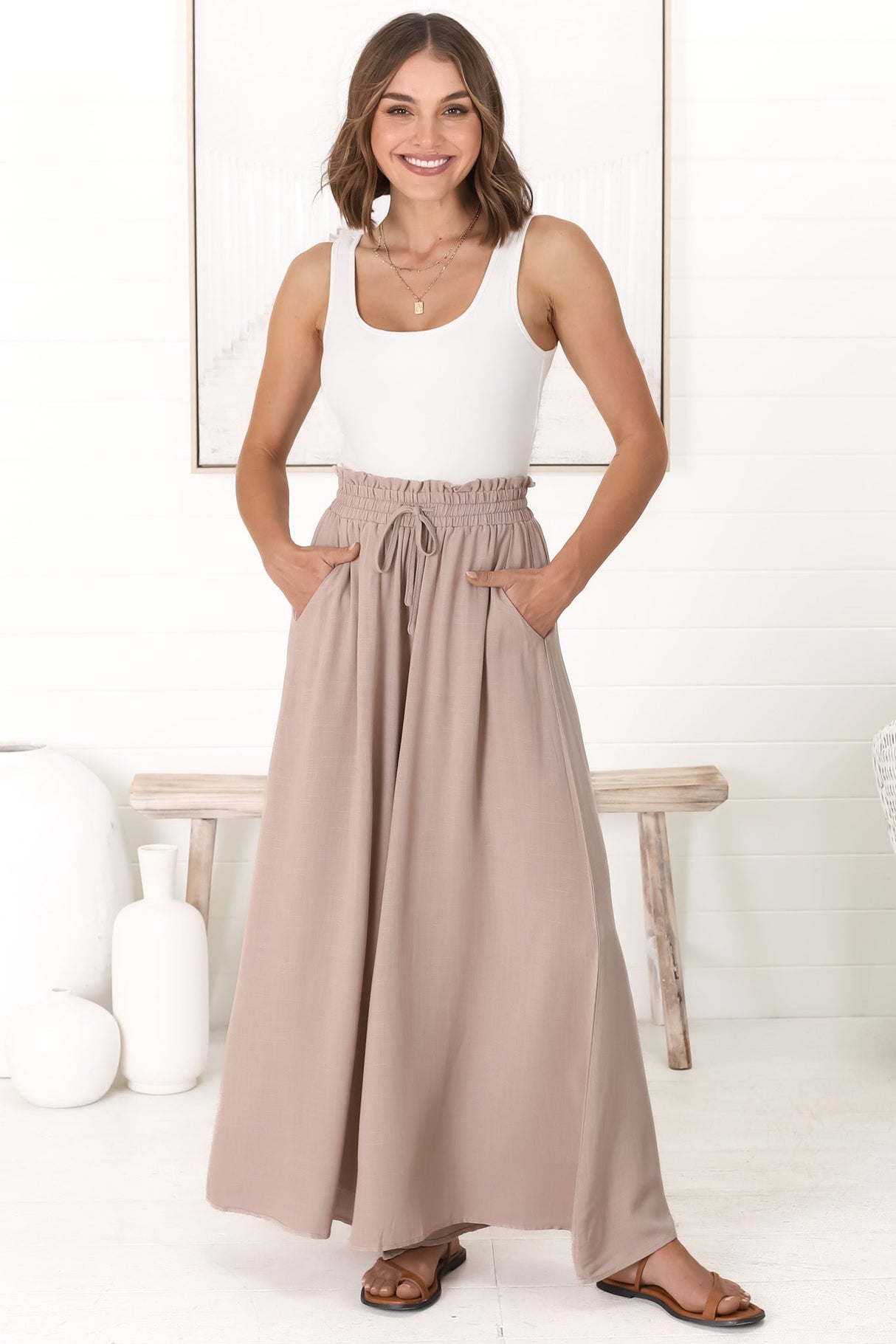 Charli Pants - Paper Bag High Waisted Wide Leg Pants in Stone