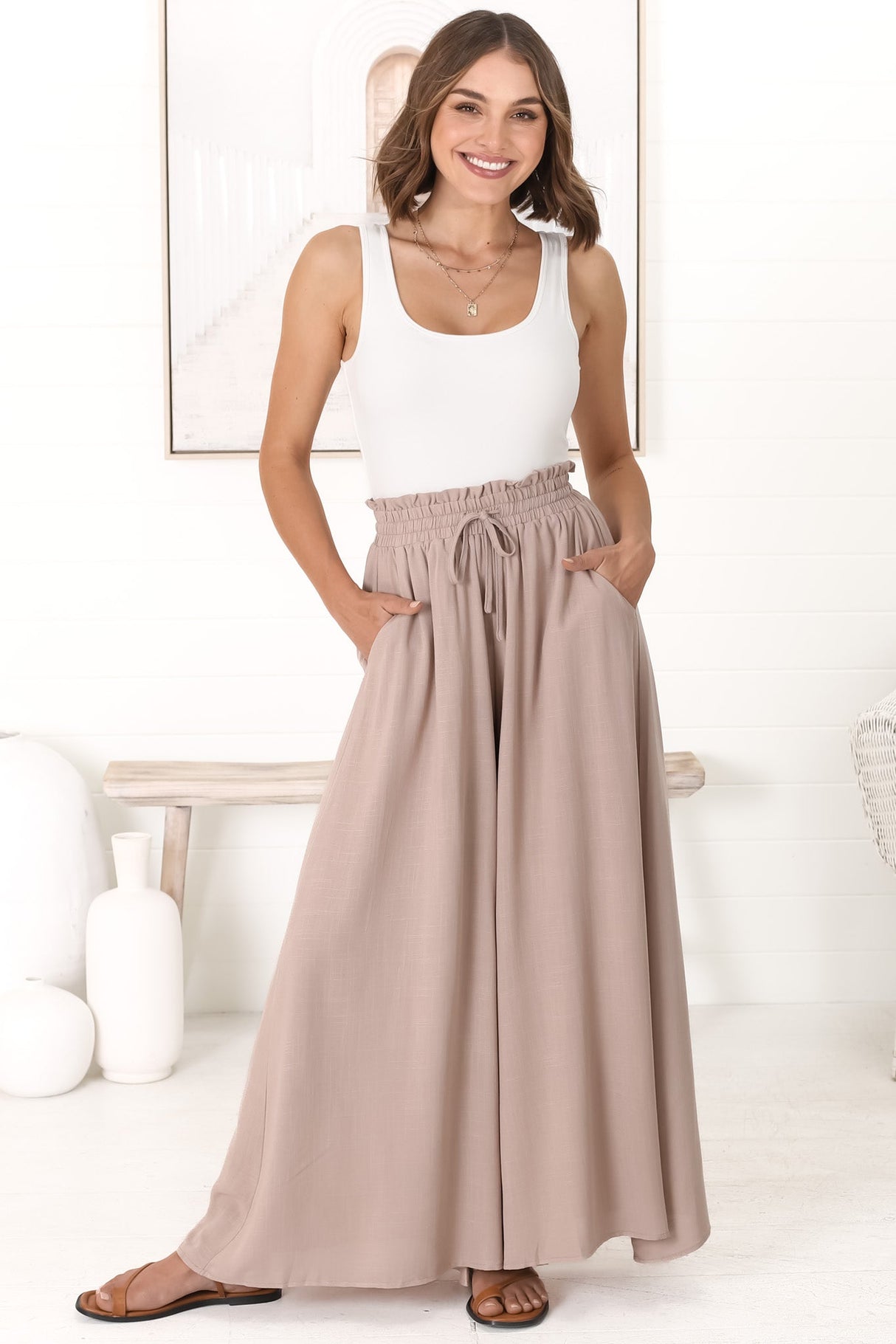 Charli Pants - Paper Bag High Waisted Wide Leg Pants in Stone