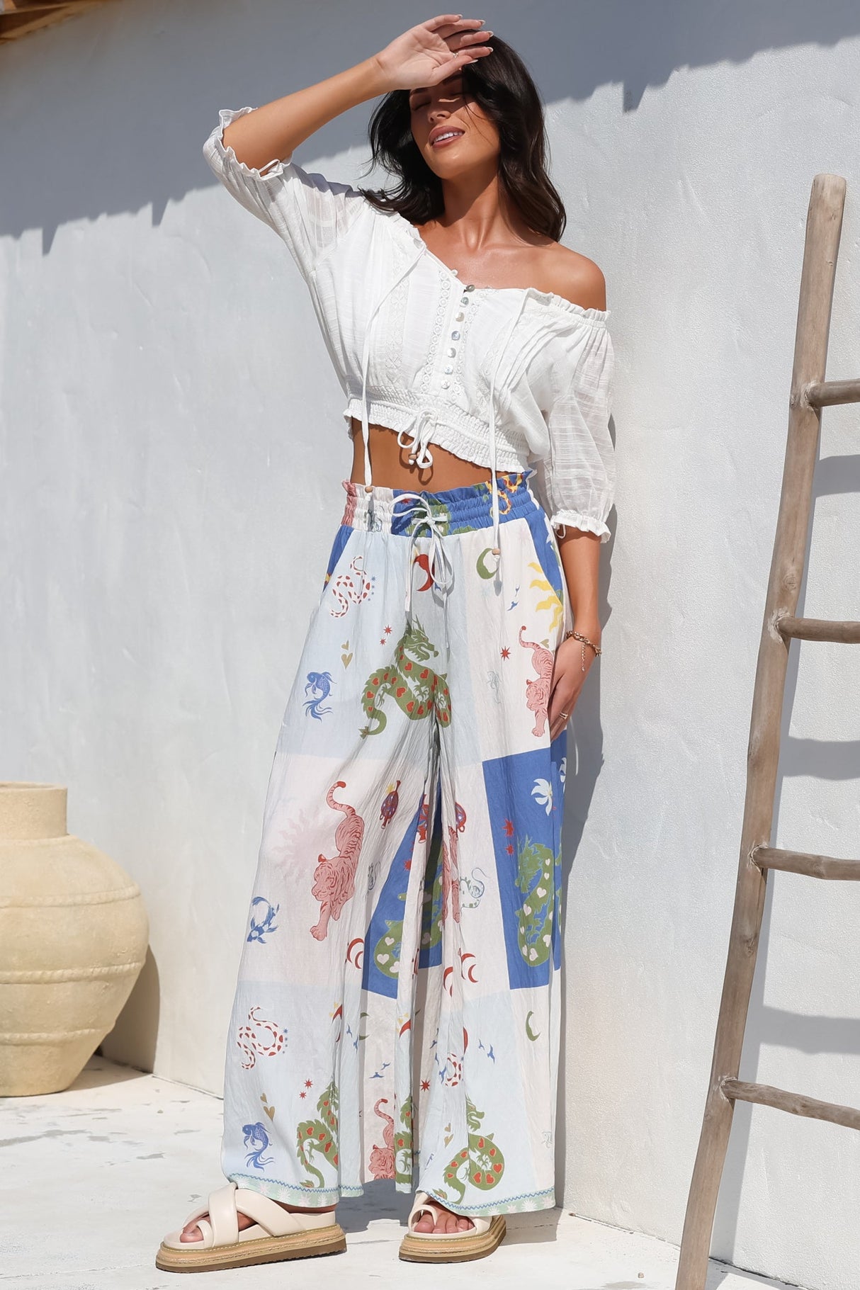 Charli Pants -  Paper Bag High Waisted Wide Leg Pants in Sylas Print