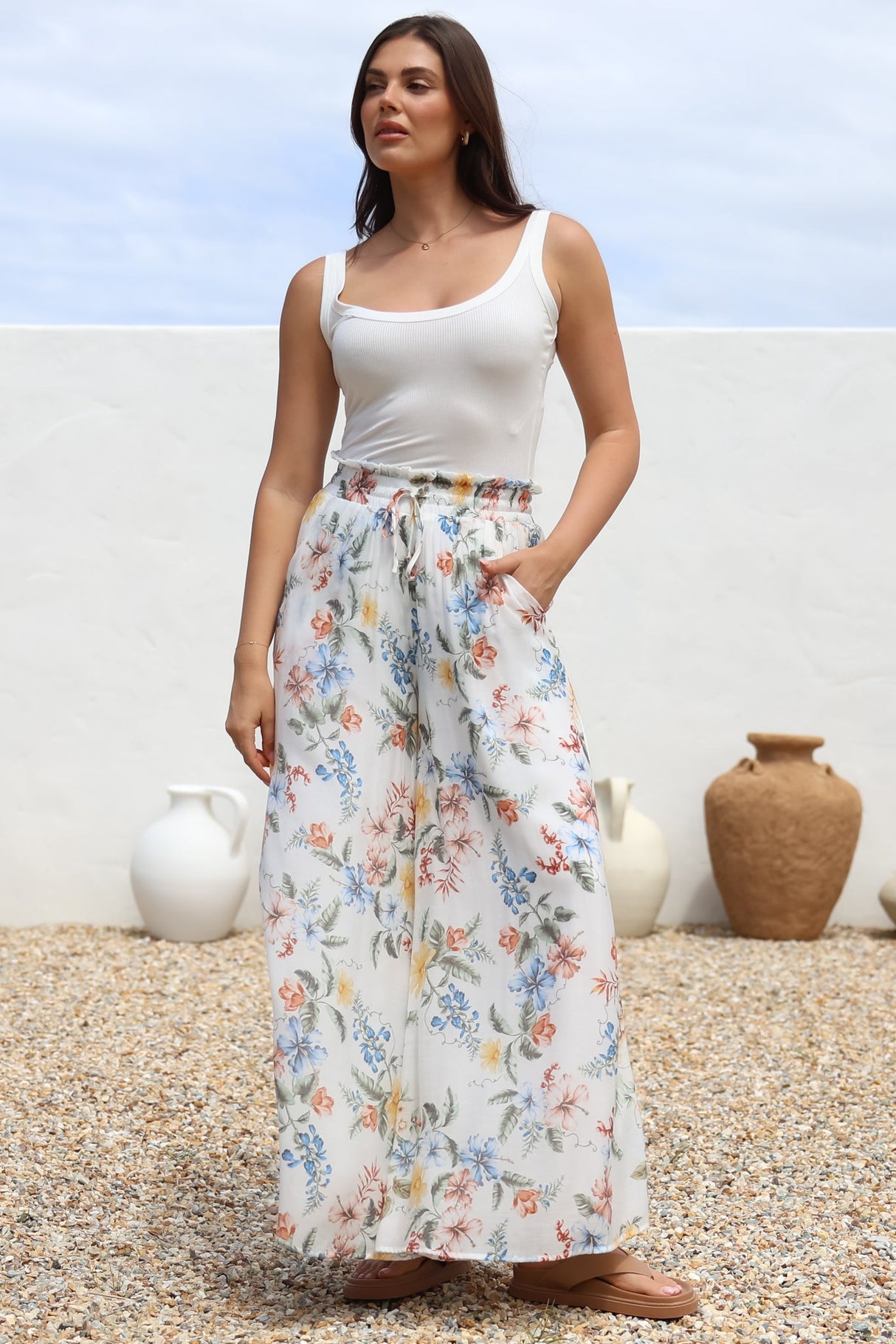 Charli Pants -  Paper Bag High Waisted Wide Leg Pants in Veronica Print