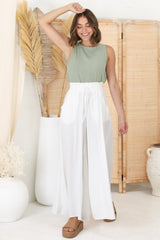 Charli Pants - Paper Bag High Waisted Wide Leg Pants in White