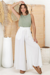 Charli Pants - Paper Bag High Waisted Wide Leg Pants in White