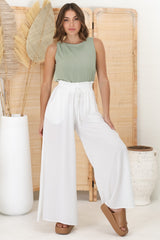 Charli Pants - Paper Bag High Waisted Wide Leg Pants in White