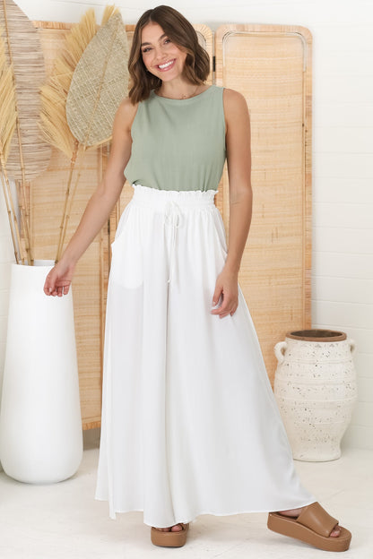 Charli Pants - Paper Bag High Waisted Wide Leg Pants in White