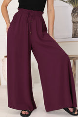 Charli Pants - Paper Bag High Waisted Wide Leg Pants in Wine