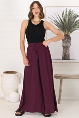 Charli Pants - Paper Bag High Waisted Wide Leg Pants in Wine